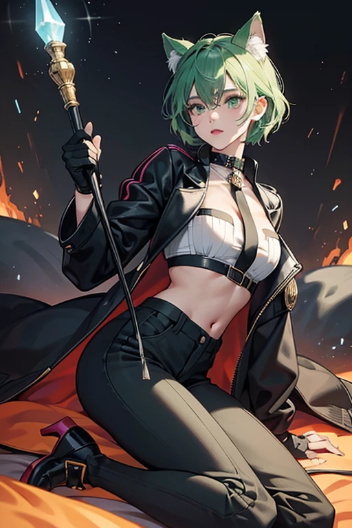 As Kitty Noire, Zoé had a hairstyle that somewhat resembled Cat Noir's with a bob-length spikier cut as compared to her civilian form, coupled with full, spiky bangs and with green highlights starting around her temples and ending on the tips of her hair. She had cat-like eyes with yellow sclerae, dark orange irises, and slitted pupils and lips covered in a yellow-green lipstick and black cat ears on top of her head.
She was wearing a black compression shirt topped with a swan-necked cropped black jacket that ended around her mid-chest area with 3/4 length sleeves. The jacket had green zippers around the shoulders and at the edges of the sleeves, and closed with two silver buttons on the front. On her lower body, she wore high-waisted capri pants with the same fabric as her jacket, with a golden button and green front pockets. She also wore green suspenders that went under her jacket and connected to the waistband of her pants, and a long, black ribbon on her lower back that ended around her ankles, simulating a cat's tail. On her feet, she wore green socks and black sneakers with a green sole and stripe on the back, and black cat-paws prints on the undersoles.
Kitty Noire also had black biker gloves on both of her hands, and sharp, black claw-like nails on her fingers. The jacket, the pants, and the gloves had a similar puple sheen to the fabric, and a leather-like texture. Her Miraculous sat on the ring finger of her right hand, and her weapon, the staff, was now black (as opposed to Cat Noir's and Lady Noire's, which were both silver), and rests retracted on her lower back when not in use. SPARKLE; GLITTER;
