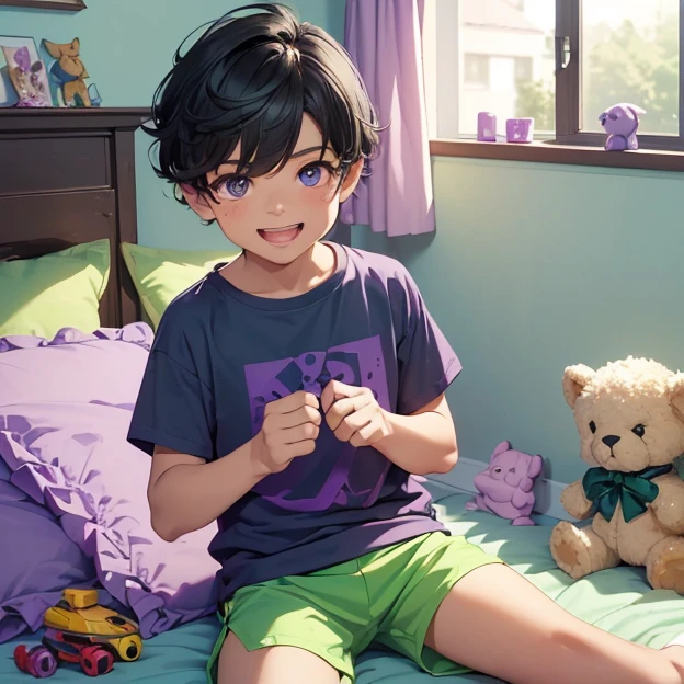 (master piece, best high quality image, very good detailed image, very good detailed character, very good detailed background, very detailed textures, carefully detailed and textures, character alone, full body)
{{((1:character: 8 years old black haired male little boy, (infant body, fair skin, light-blue eyes, short black hair, cute laugh, playing happy), (purple t-shirt, green shorts), (cute bedroom, full of toys))}}