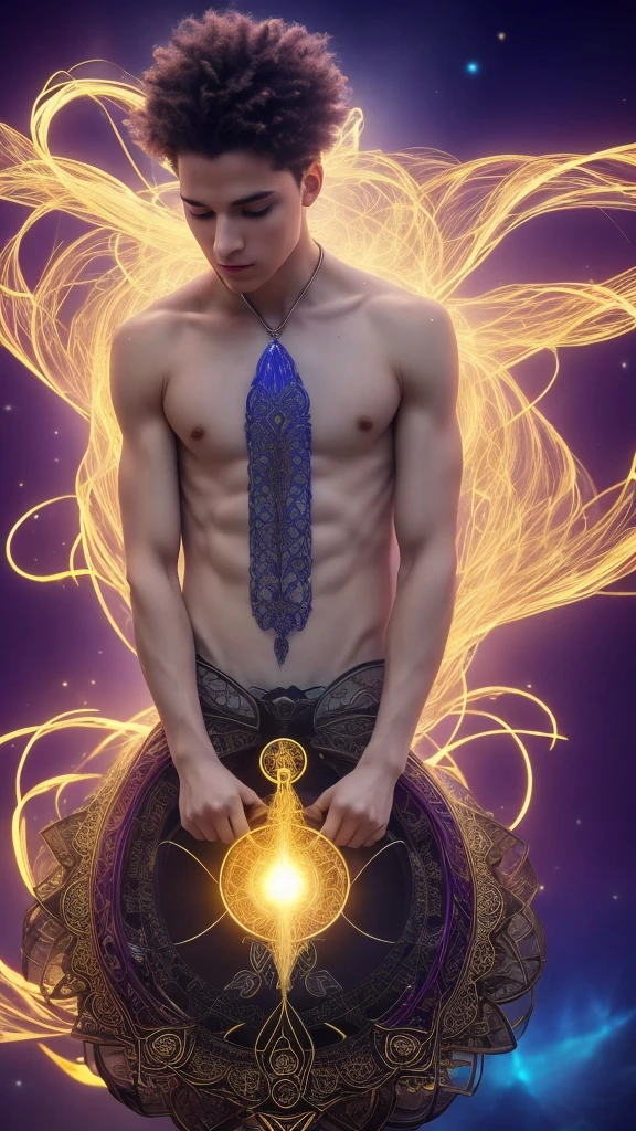 Visualize an ethereal male figure, with a majestic and serene bearing, emanating a soft, golden light. Its height is indeterminable, appearing at the same time immense and close. The skin is a pale golden tone, almost translucent, radiating a heavenly calm. your eyes are like stars, infinitely deep and bright, changing color with a spectrum ranging from blue to violet. The hair is long and flows around the head, shining like strands of pure light. His clothes are shining white, decorated with ancient symbols that seem alive, pulsating with a mystical energy. quando fala, your voice is melodious and resonant, capable of transmitting peace and authority at the same time. Around her, there is an aura of power and tranquility, causing anyone who approaches to feel a deep sense of awe and comfort. In short, a god!