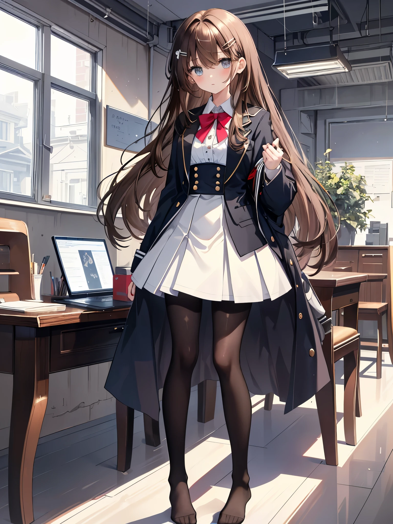 finest, masterpiece, High resolution, (full body), front, symmetrical, Mature tall high school girl, alone, (full body from head to toe), small breasts, long hair, slightly messy hair, (black tight track pantyhose), black pantyhose, composition showing white panties, slender beautiful legs, A very beautiful and tall 17 year old girl, ((not wearing shoes)) , shy big eyes, ( (brown hair)), (bangs), messy hair, (hair clip), looking at camera, showing white panties, white ruffle lingerie, high school uniform blazer, high school uniform white blouse, High school uniform with blue ribbon, high with 短い plaid pattern and navy pleated skirt