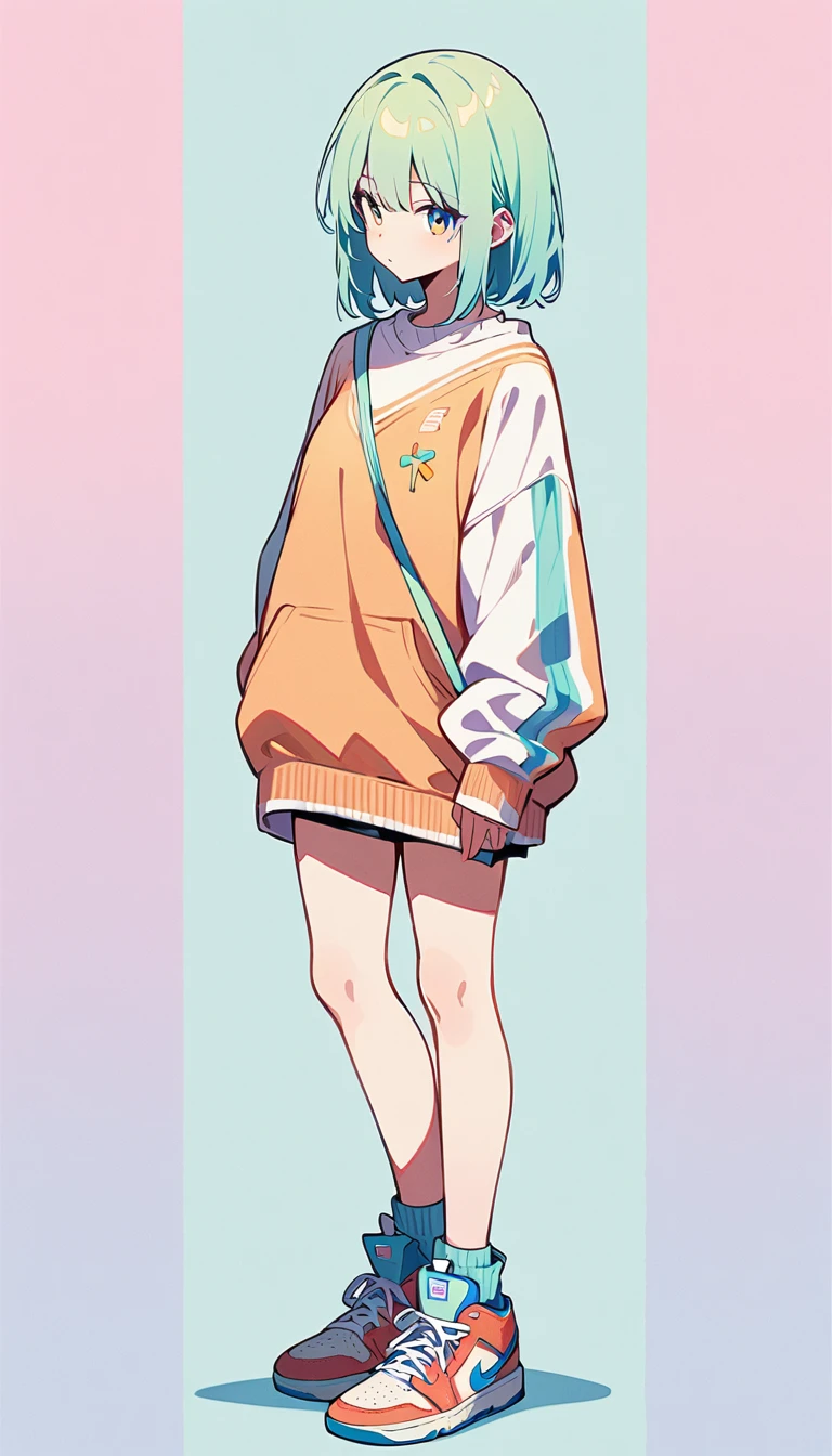 (masterpiece, Highest quality:1.2), 1 Girl, alone, A loose fitting jumper, short, Basketball Shoes, Ankle socks, whole body, pastel colour
