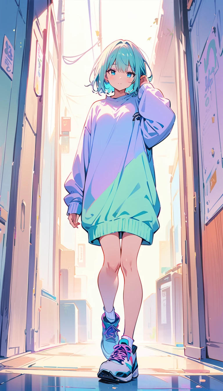 (masterpiece, Highest quality:1.2), 1 Girl, alone, A loose fitting jumper, short, Basketball Shoes, Ankle socks, whole body, pastel colour