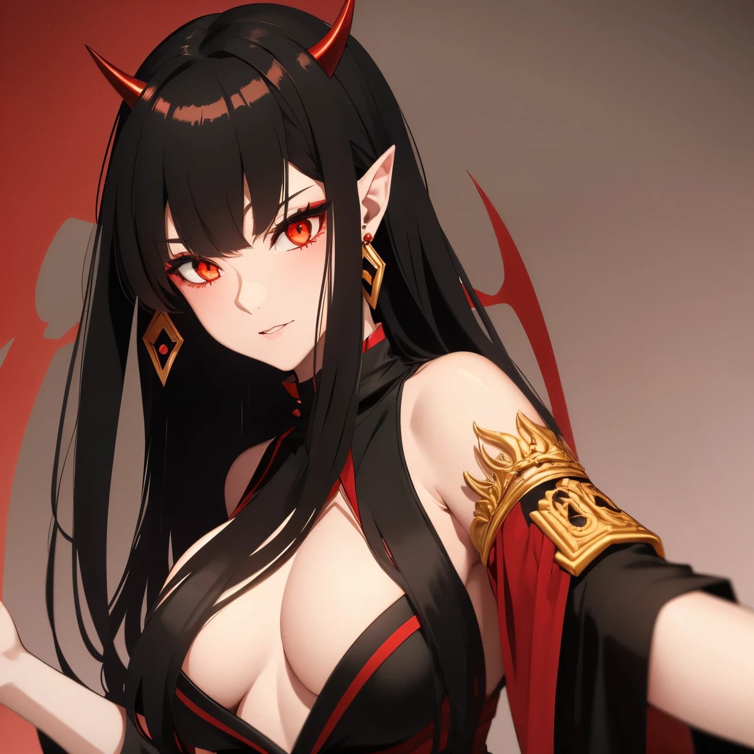 A demon girl. Red skin. Shiny black hair. Golden eyes. Wearing a very open black outfit with red and gold details. With pointed ears with golden earrings. Anime style.