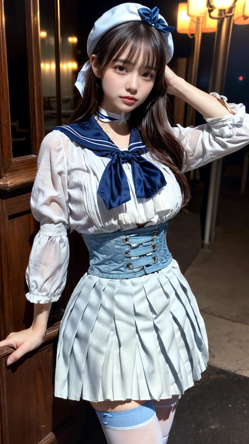 (absurdres:1.3), (highres:1.3), (ultra detailed:1.3),(1girl:1.3), (extremely detailed CG unity 8k wallpaper:1.3), (detailed skin texture, detailed cloth texture, detailed hair texture), (beautiful detailed face, supermodel, pale skin, realistic glistening skin), (RAW photo, best quality), (realistic, photo-realistic:1.4), masterpiece, extremely delicate and beautiful,Amazing, finely detail, extremely detailed CG unity 8k wallpaper, huge filesize, ultra-detailed, highres, absurdres, soft light,rim light, vibrant details, hotel room, straight hair, large breasts, black hair color, Big Natural Color Lip, (perfect body shape), beautiful legs, (white (skirt, pleated skirt):1.5), (white beret with light-blue ribbon:1.4), (blue sailor collar:1.4), (white shirt:1.4), (double-breasted on deep-blue waist cincher:1.3), (short bishop-sleeve:1.3), (light-blue ribbon:1.3), ((white socks, loafers):1.2), crying a little、Harajuku style、20 year old girl、cute type、lolita、