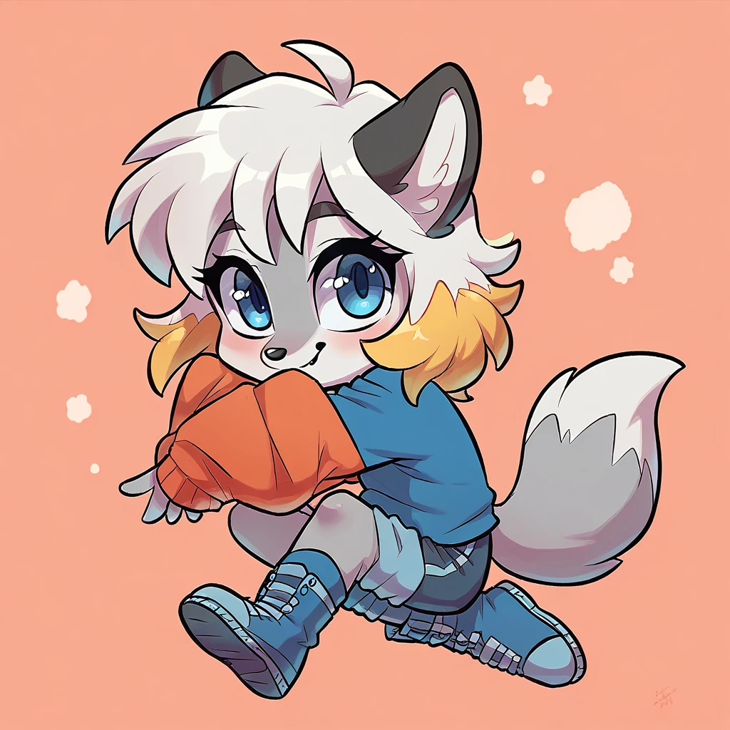 little fox, ??? girlfox, yellow hair, silver fur, blue eyes, cute ???, , alone, ??? , white hair, chibi