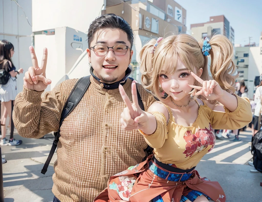 A very fat Japanese otaku and a gal making peace signs　photograph