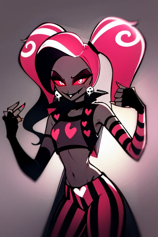 VelvetteHH, dark eyeshadow, white pupils, red sclera, pink hair, two-tone hair, twintails, long hair, skull earrings, colored skin, dark skin, fangs, black jacket, (black crop top:1.4), (crop top with heart design), bare shoulders, fingerless gloves, elbow gloves, (vertical striped pants:1.2), standing, smile, looking at viewer, indoors