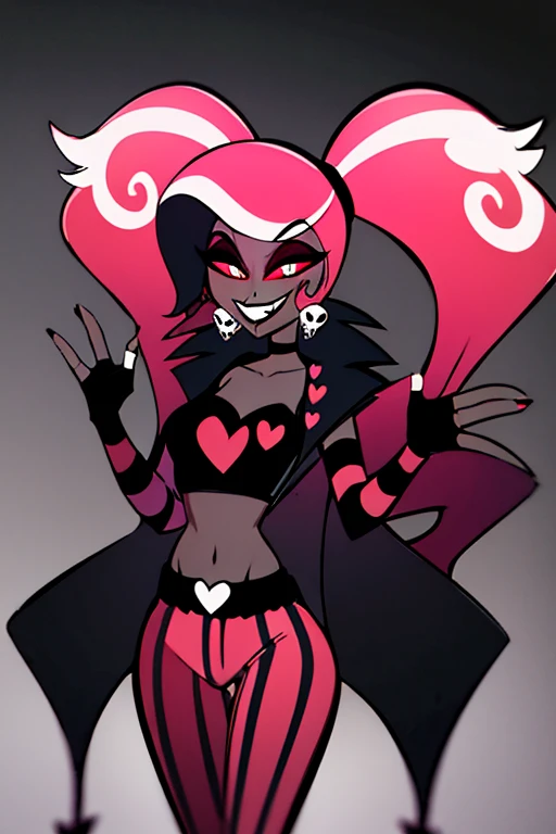 VelvetteHH, dark eyeshadow, white pupils, red sclera, pink hair, two-tone hair, twintails, long hair, skull earrings, colored skin, dark skin, fangs, black jacket, (black crop top:1.4), (crop top with heart design), bare shoulders, fingerless gloves, elbow gloves, (vertical striped pants:1.2), standing, smile, looking at viewer, indoors