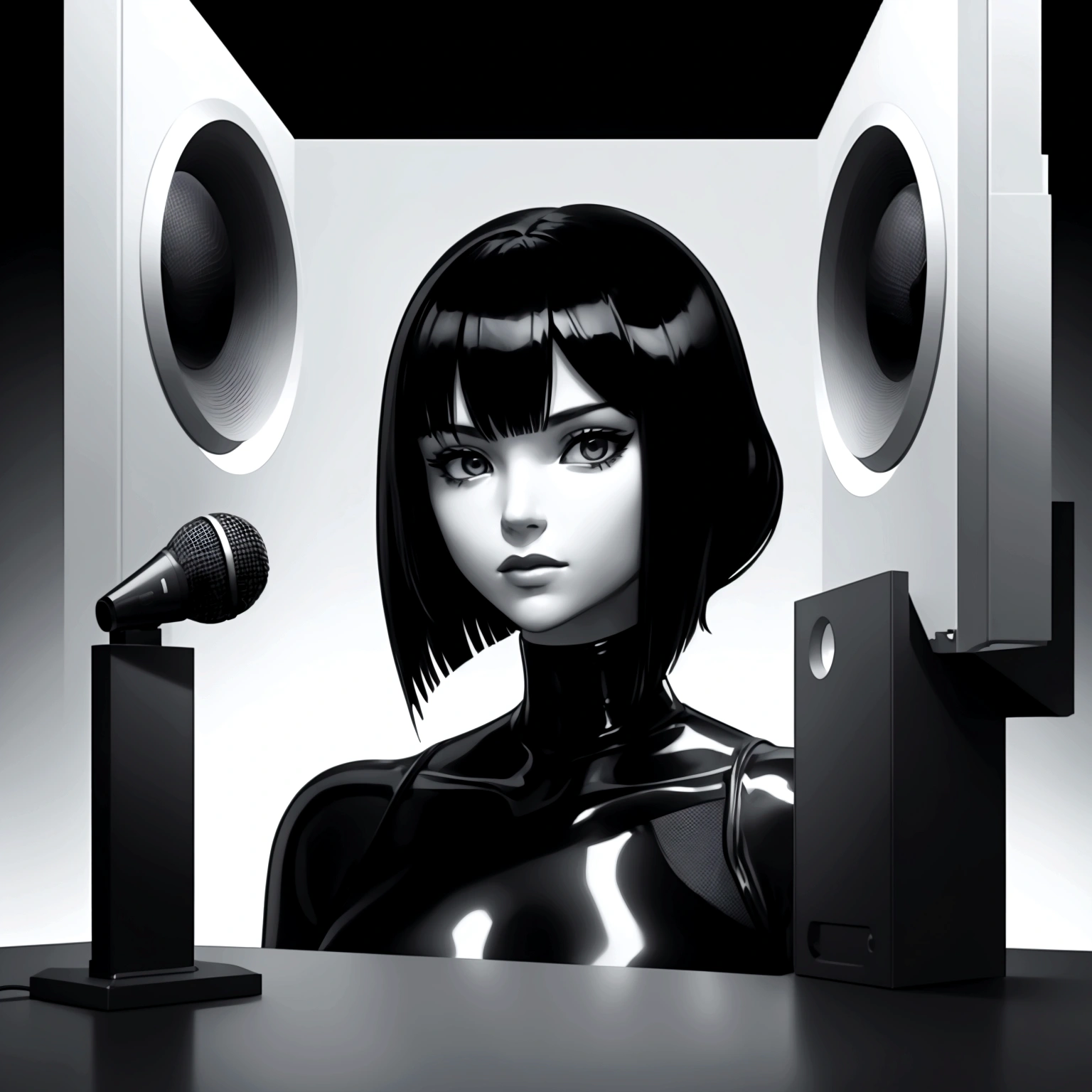 "Design a sleek and modern album cover for 'VOICE OF THE VOID'. The main visual element is a high-contrast black and white photograph of a vintage microphone set against a plain black background. The album title, 'VOICE OF THE VOID,' is displayed in an elegant, serif font in white, positioned above the microphone. The design is contained within the boundaries of the image with no extraneous elements or empty spaces, in a square format suitable for digital platforms, with dimensions of at least 1400x1400 pixels. The format should be high-resolution JPG or PNG."