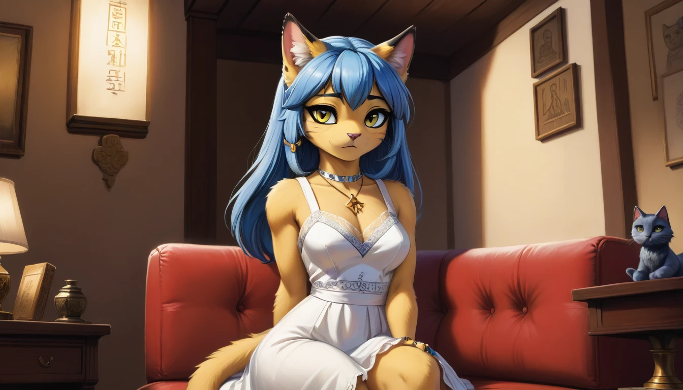 Eye, Animal Crossing Muscle, hairy, Blue Hair, Hair accessories, Yellow skin, 黑Eye, White Dress, Tail, Looking at the audience, Serious, Cross your legs, from_below, His sofa, Inside the living room, Hieroglyphics, high quality, masterpiece, 1 Girl，Cat ears，Dark skin tone，clothing，earrings，Jackal ears，Jewelry，Long hair, White Dress, Sit at your desk, She wrote a heartfelt letter, Her expression is both nostalgic and wistful, Dramatic Lighting, Detailed background, masterpiece, best quality, high quality, absurd, The award-winning, professional, Very detailed