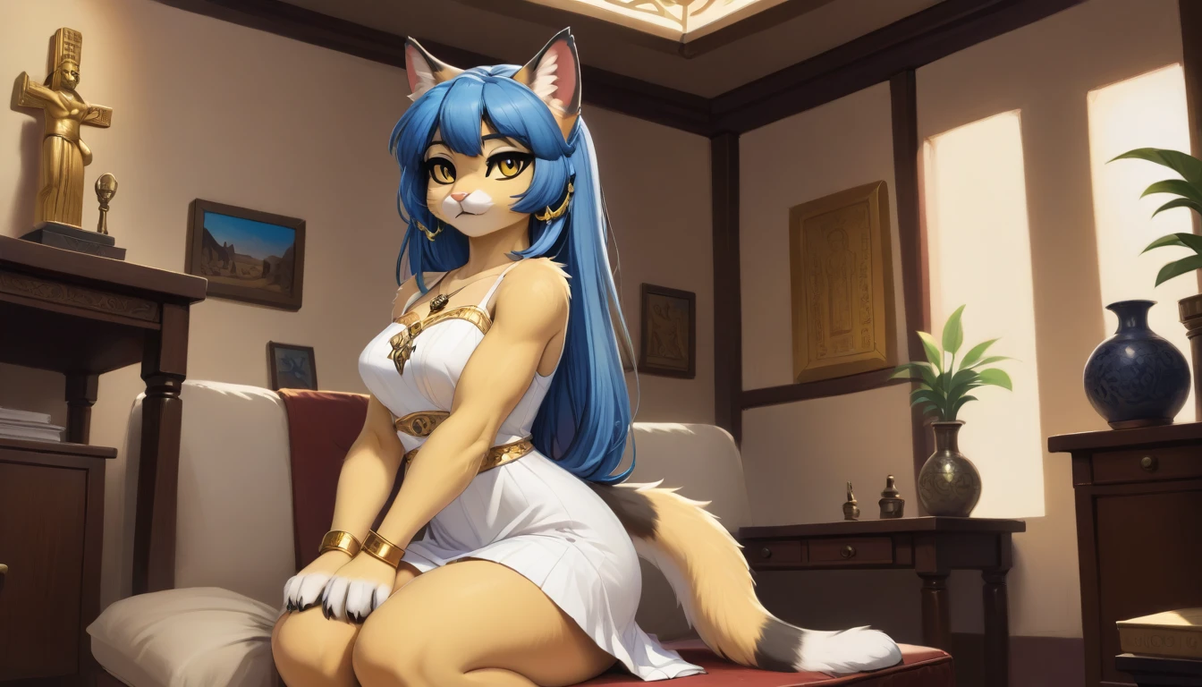 Eye, Animal Crossing Muscle, hairy, Blue Hair, Hair accessories, Yellow skin, 黑Eye, White Dress, Tail, Looking at the audience, Serious, Cross your legs, from_below, His sofa, Inside the living room, Hieroglyphics, high quality, masterpiece, 1 Girl，Cat ears，Dark skin tone，clothing，earrings，Jackal ears，Jewelry，Long hair, White Dress, Sit at your desk, She wrote a heartfelt letter, Her expression is both nostalgic and wistful, Dramatic Lighting, Detailed background, masterpiece, best quality, high quality, absurd, The award-winning, professional, Very detailed