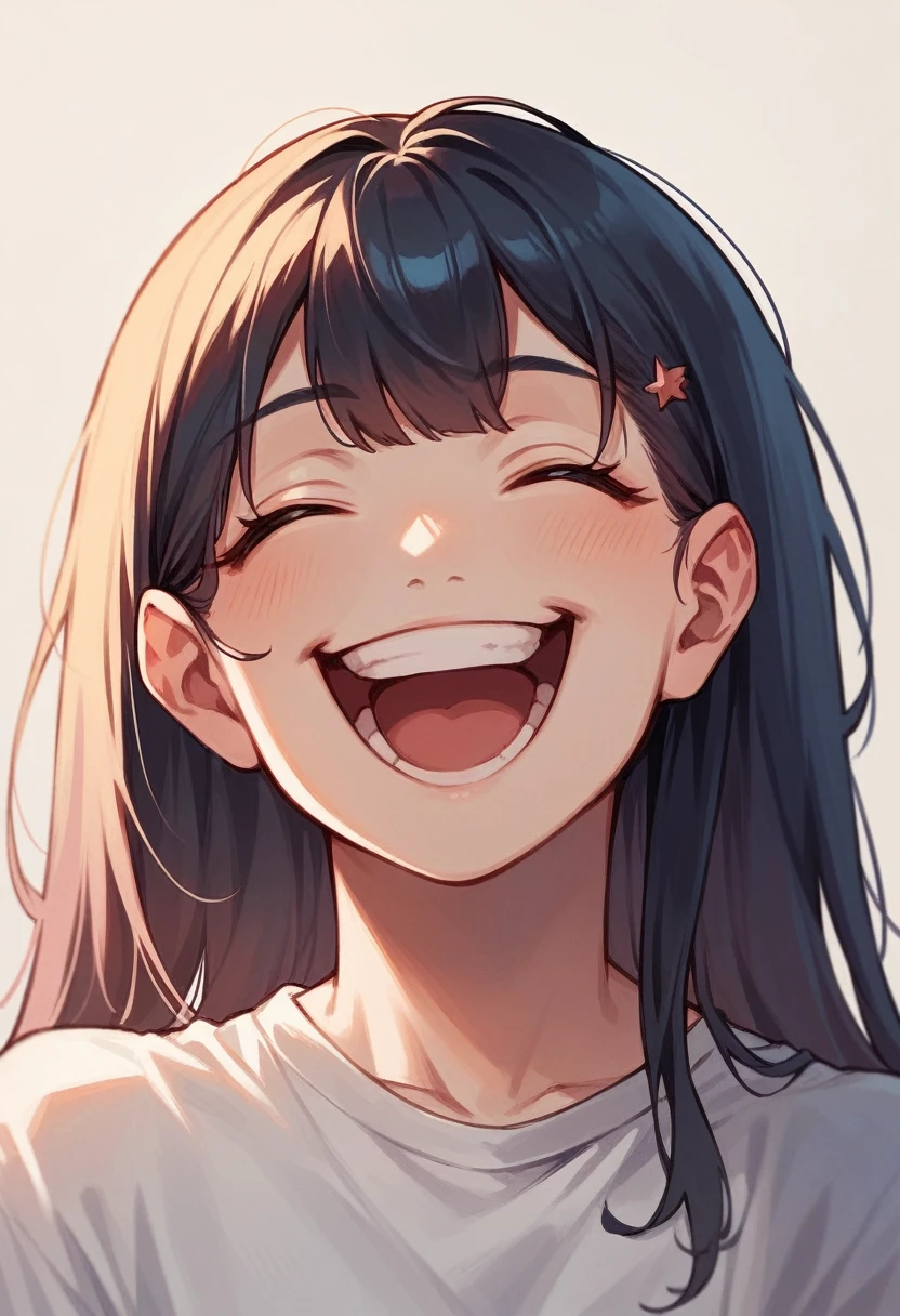 white shirt, wide smile on your face, very happy, laughing, looking straight ahead, blackquality hair. very happy.
