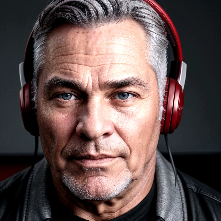 Photo , masculine, grey hair, 50 years , 40's decade , Slightly rounded face, player, big red headphones and computer, High Definition, 4k, detailed