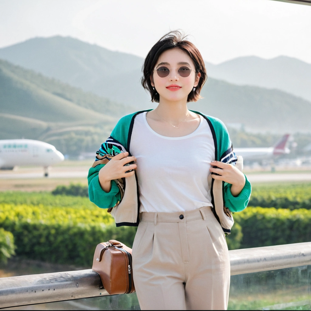 beautiful korean girl , 32 inch chest size, Your eyes are big and pretty. Short in stature. Standing in the departure hall of the airport. . short medium hair, Standing in line at the departure hall of Frankfurt Airport, Germany. He wore a white shirt, a green jumper, and white casual pants.s.Dragging a suitcase. short medium hair, short height, Full body shot with Canon camera 16-35 wide angle lens, short medium hair. expressionless, full body shot, perfect fingers, Make the airport electronic display visible, 멀리 full body shot, uhd