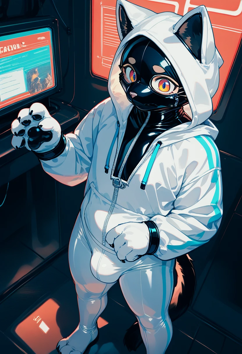 Highest quality, Highest quality, High quality illustrations, masterpiece, Ultra-high resolution, Detailed Background, Games Room, Absurd, Perfect Anatomy, performance, Good lighting, Shadows in the movies(kemono, Furry PersonifiCation), Cat, Dark Skin, Rubber suit, Rubber suit, latex, neon, neonライト, neonカラー, Rubber spats, White rubber hoodie,  Rubber mask, ribbon, Embarrassing, Null bulge, male, juvenile, from above