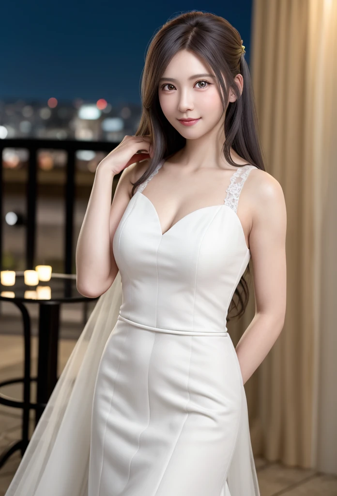(8K, RAW Photos, Tabletop:1.3), (Realistic, Photorealistic:1.37), (night), (View your viewers:1.331), (Gray Hair), Pause, Wedding venue background, Soft Light, One Girl, Very beautiful face, bust, Put your hands down, Random hairstyle, The best smile, Big eyes, Lower abdomen, (Hmph_White Wedding Dress), Hmph_style,Mix 4., Highest quality
