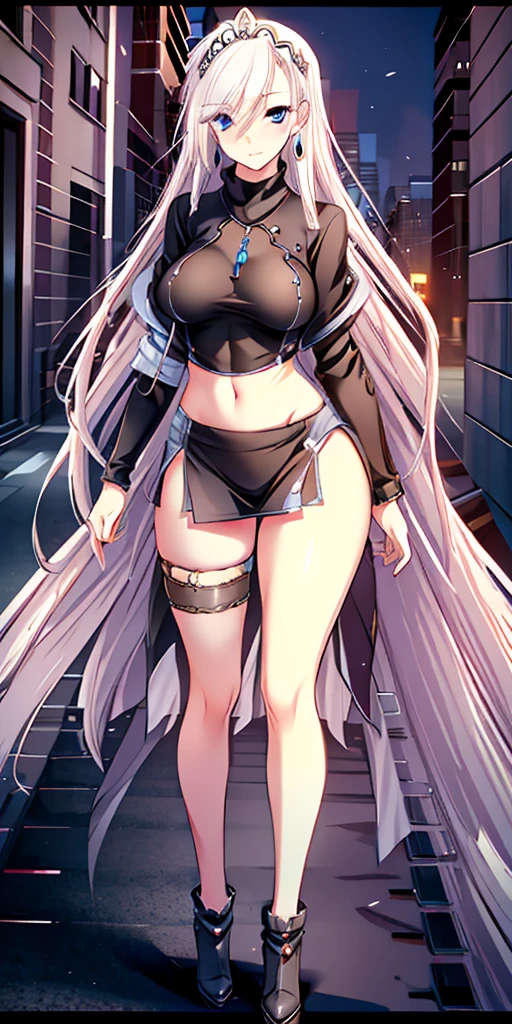 Shenhe V4, (Shen He wears a sweater),, stocking, (Solitary:1.1), (Mature woman:1.2), Pretty Face, (Delicate eyes), Symmetrical eyes, (Thin lips), (Long hair, Gray hair, Weaving, Hair covering one eye, Hair accessories), (Beautiful round breasts), Full body, Abdominal muscles, Bare belly, Slim waist, (masterpiece, Best quality), Soft ambient lighting, permanent, Front view, city street background, architecture, New York, Bright colors, sunny, Blue sky, Looking at the audience, Slim waist, HD, 8K, Bright colors, complex, (Abdominal musclesurdres:1.2), Vague_background, Bokeh, (Clear focus) ((Delicate face)), Facial details, (pov thigh)