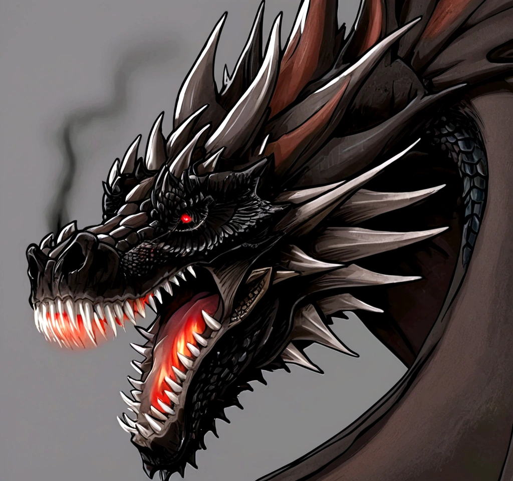 Make me a black dragon and red eyes, he must be flying, its two huge wings in the sky and with its jaw open, he has to be extremely scary and horrendous: Dragons are covered in scales, as well as spines that run down its back from head to tail. Particularly large ridges of antlers frame the edges of their faces., running along the back of the skull and along the jawline, that grow as they mature. Adult dragons have two sets of ruffles that run along the back of their necks and spine., two along the sides of their necks and another two centered closer to the backbone, for a total of four ruffles. These are formed by webs that grow between longer spines.
