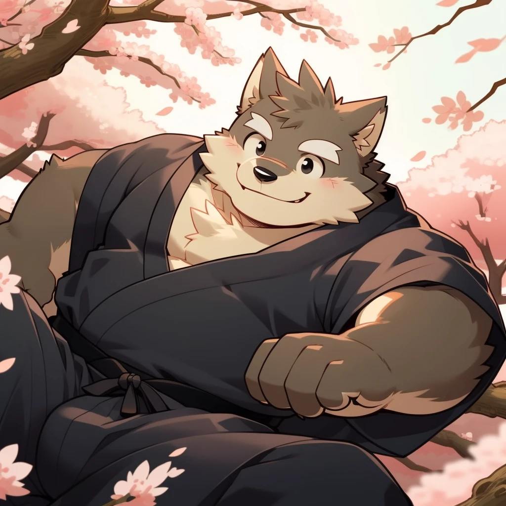 Scribble 黑色柴dog face,Cute face,Humanity(dog),(Black Kimono:1.3),Chubby,(White eyebrows:1.1),(Perfect black eyes),（artist:Takemoto Arashi）,(Bulging buttocks)，Cherry blossoms，Lying position，Smile，Wolf Tail。