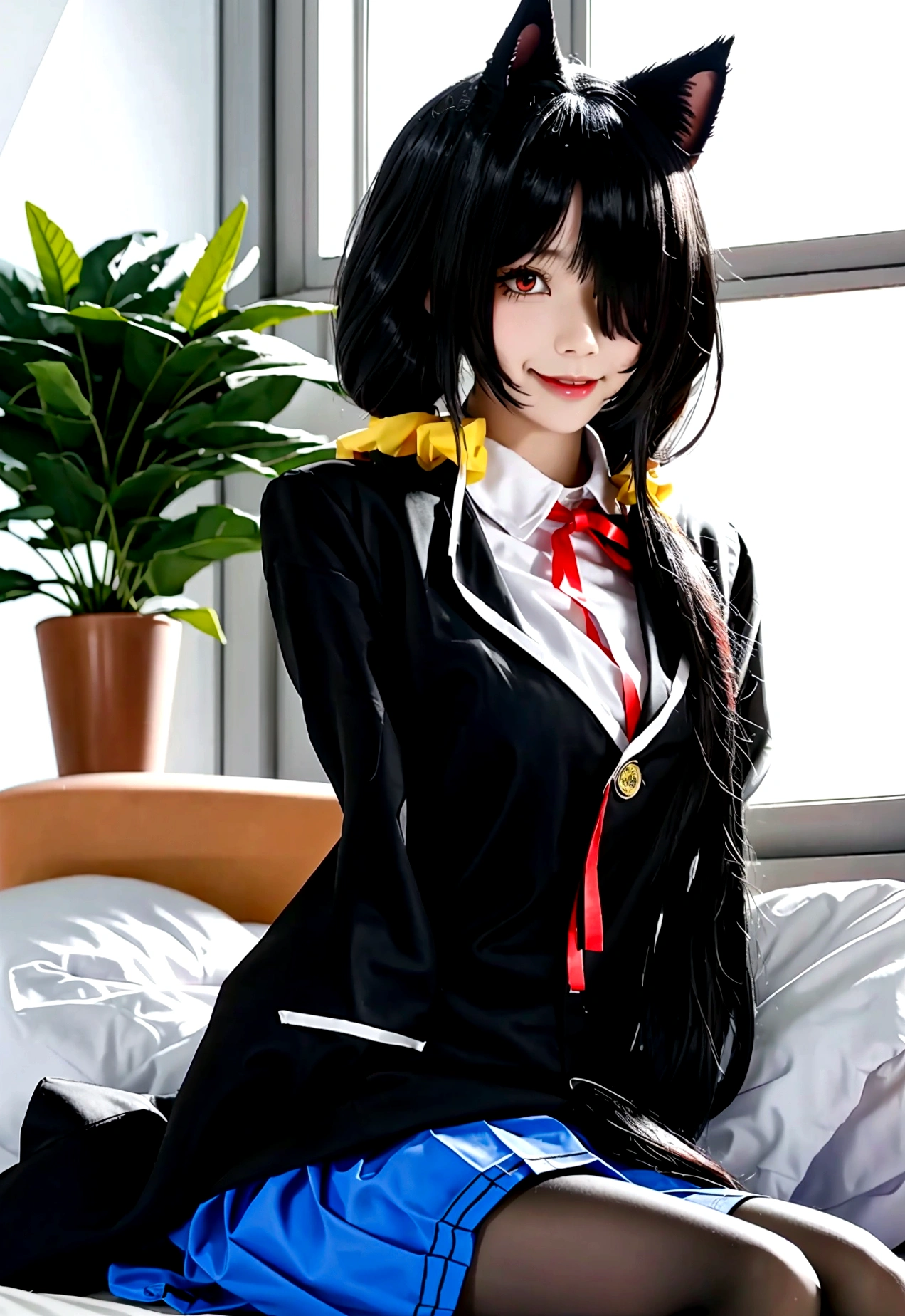ultra-detailed,highly detailed,best quality,masterpiece,illustration, 
The image is another digital artwork of an anime-style girl. She has twin ponytails and heterochromatic eyes, with one red and one yellow. She is wearing a black hoodie with cat ears and a white dress or long shirt underneath. The girl has a choker with a bell around her neck and a slightly blushing expression. She is sitting on a bed, with her knees drawn up and hands near her face, giving a shy or bashful appearance. In the background, there is a pillow with a cute, smiling cat face, and a potted plant can be seen near the window. 