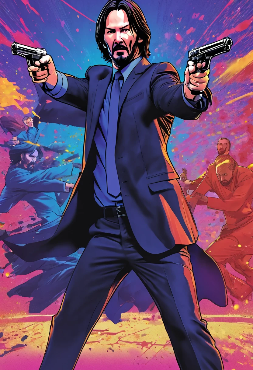 Keanu Reeves as John wick doing martial arts moves with his guns comic illustrate, digital art, anime artwork