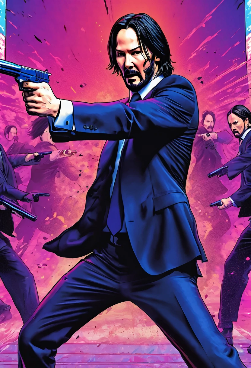 Keanu Reeves as John wick doing martial arts moves with his guns comic illustrate, digital art, anime artwork 