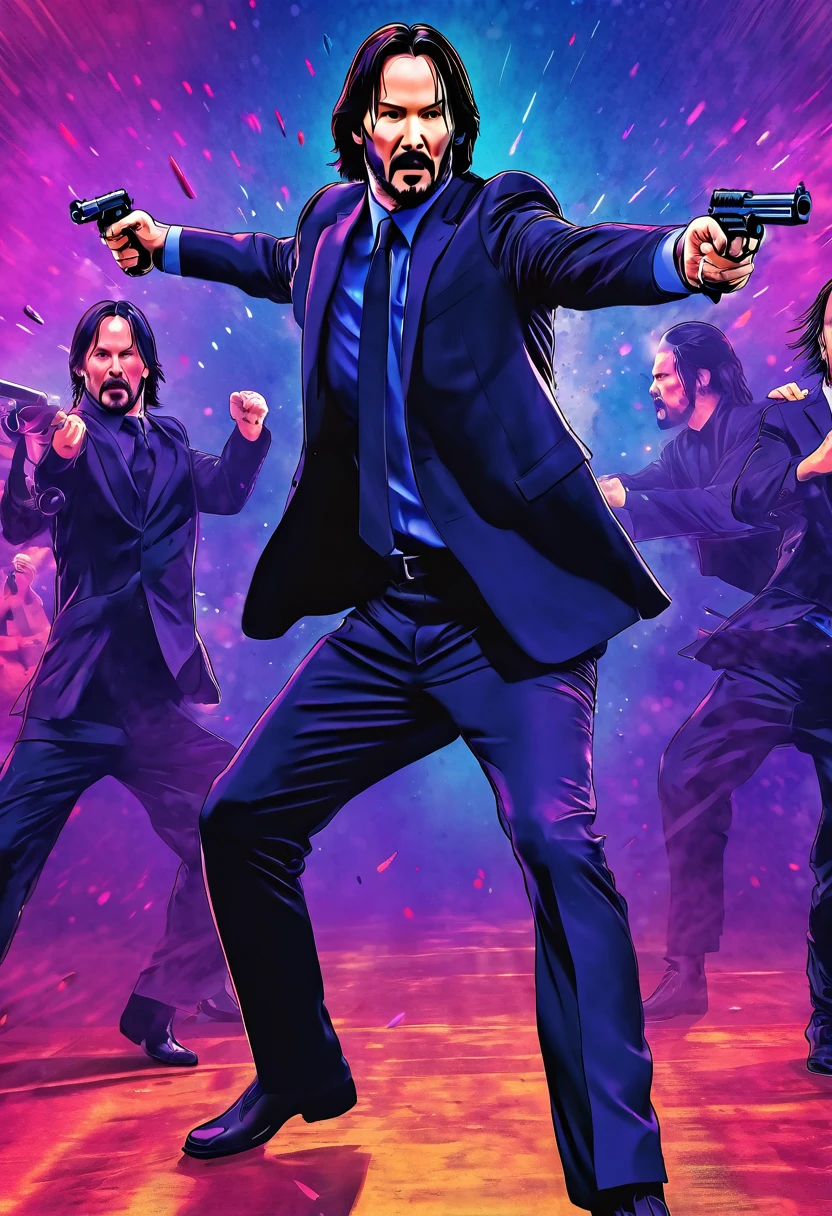 Keanu Reeves as John wick doing martial arts moves with his guns comic illustrate, digital art, anime artwork