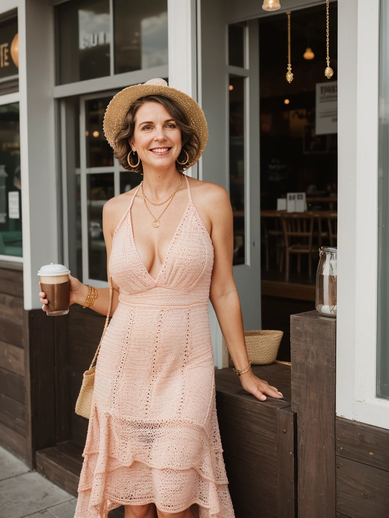 1 girl, photorealistic, realistic, her name is Elise, middle age, a 45-year-old woman with gray hair, body of 45-year-old woman, wrinkles on her face and body, Alpine woman, ((dark brown hair, short hair))), smiling, (((she is in her floor length crochet dress. It is made in super soft bright pink yarn. The dress has a halter-neck Accessories include a wide-brimmed straw hat, adding both glamour and practicality under the sun. Her look is completed with delicate gold jewelry, such as layered necklaces and hoop earrings, which catch the sunlight streaming through the coffee shop’s windows. A woven tote bag sits beside her))), (((dynamic pose))), ((( she is seductively standing inside a coffee shop near the beach exudes a relaxed yet chic vibe, perfectly blending comfort with style))), cleavage