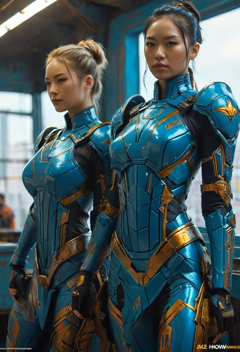 Two women in costumes are standing in a room, Ace Female Mechanic, Static Prometheus Frame, Blue body paint, Cyberpunk decorations, Aztec Empress, Movie details, security guard, Balcony scene, Solarpunk, By Leon Wichowkowski, Sisters, japanese cgi, Empress of Kazakhstan, Character close-up