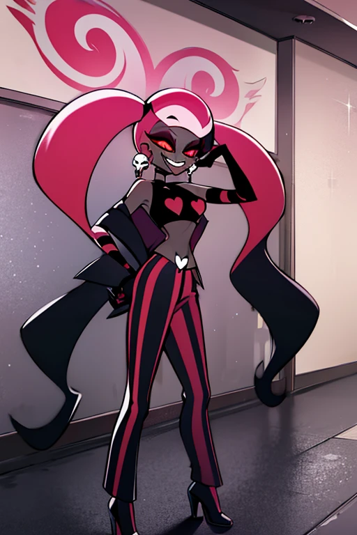 VelvetteHH, dark eyeshadow, white pupils, red sclera, pink hair, two-tone hair, twintails, long hair, skull earrings, colored skin, dark skin, fangs, black jacket, (black crop top:1.4), (crop top with heart design), bare shoulders, fingerless gloves, elbow gloves, (vertical striped pants:1.2), standing, smile, looking at viewer, indoors, heels boots 