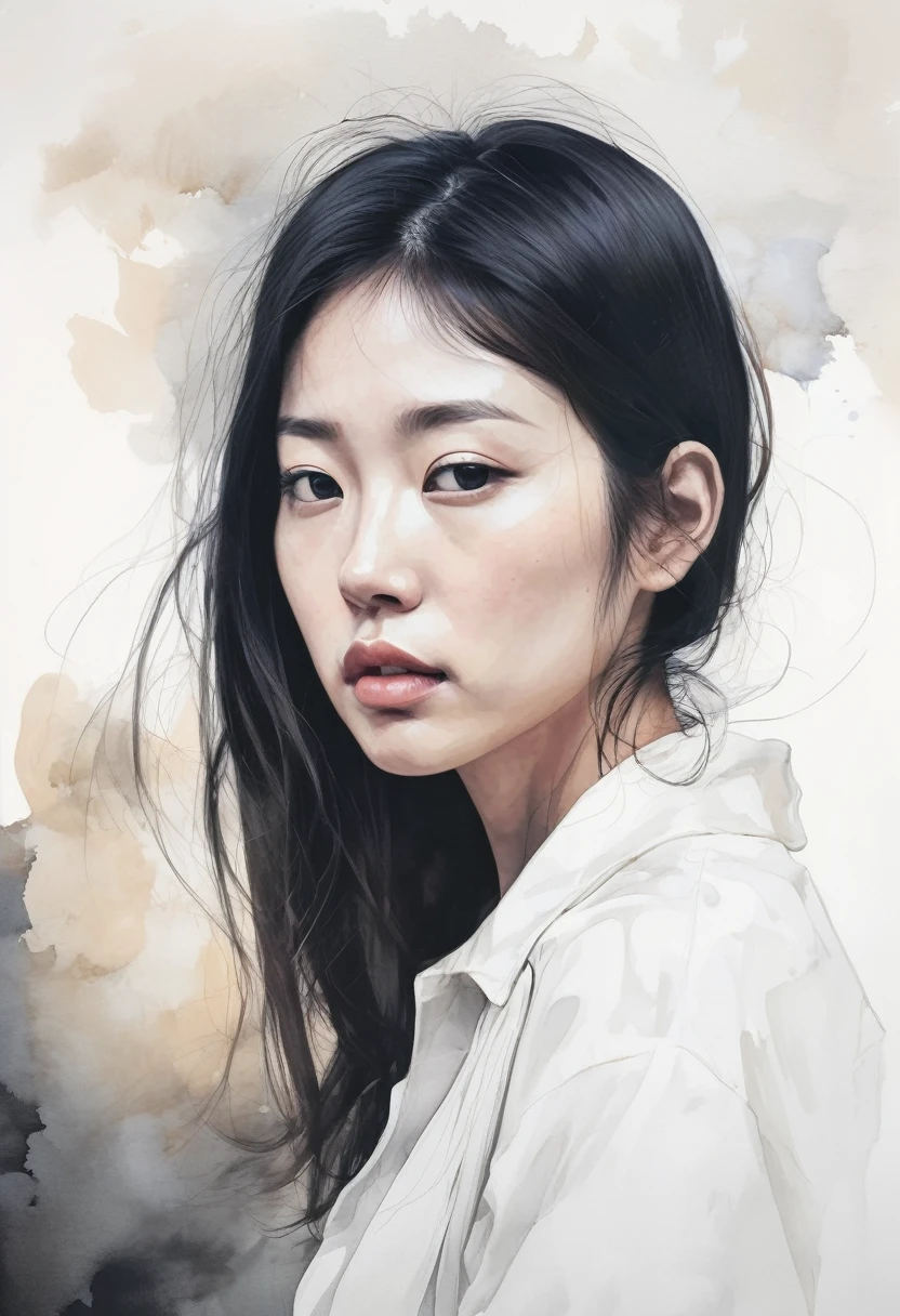 Sarah Shannon, (Vector art:1.4), Minimalism、Beautiful asian face girl、White background、Drawn in black pencil、diego gisbert lawrence、Joe San Gonzalez Dan Mumford、Picture book illustrations、vague、superwide shot、Highest quality、Intensive、Golden ratio composition、Watercolor、