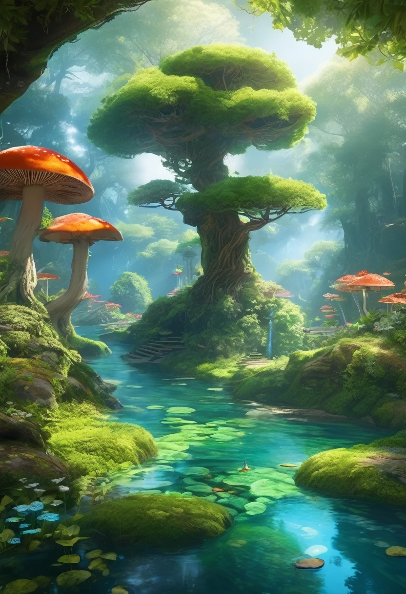A crystal-clear river meanders through the forest, its banks adorned with wildflowers and luminescent mushrooms. In the middle of the river, there is a floating island covered by a single giant and ancient bonsai