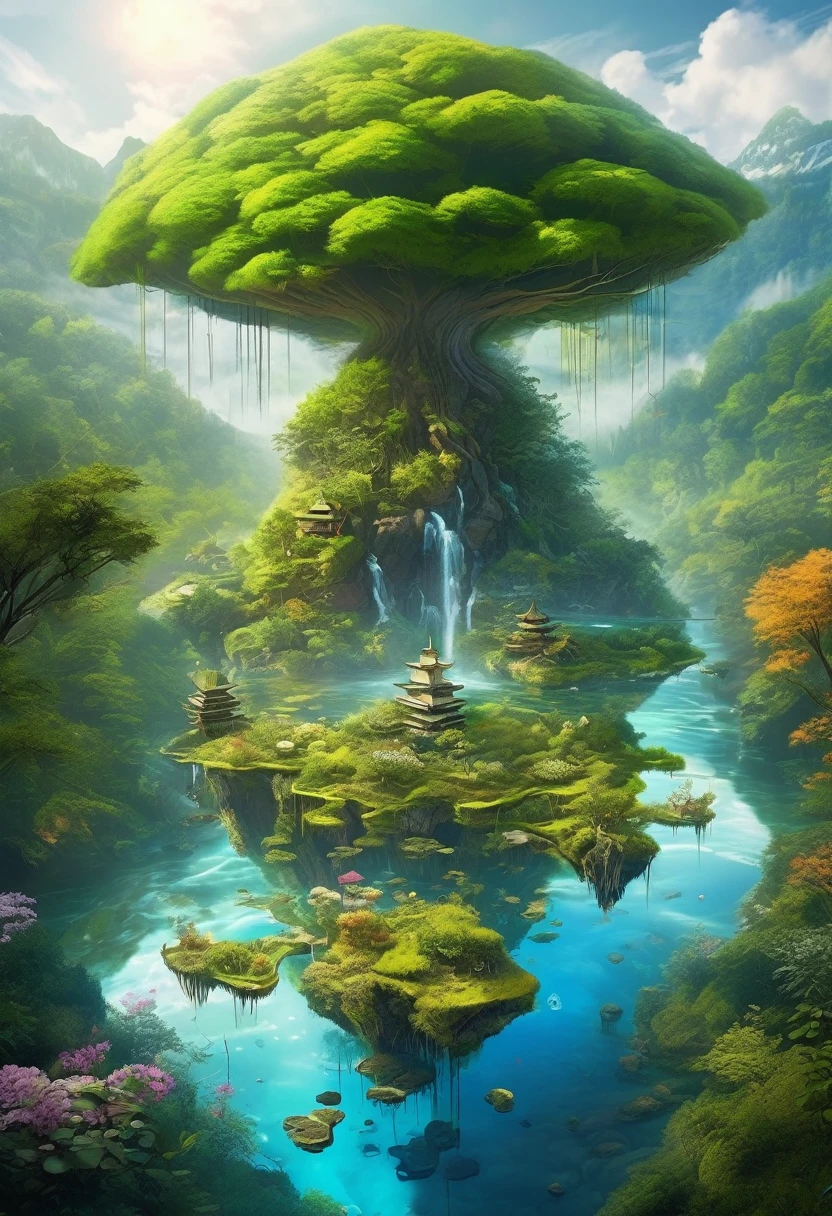 A crystal-clear river meanders through the forest, its banks adorned with wildflowers and luminescent mushrooms. In the middle of the river, there is a floating island covered by a single giant and ancient bonsai