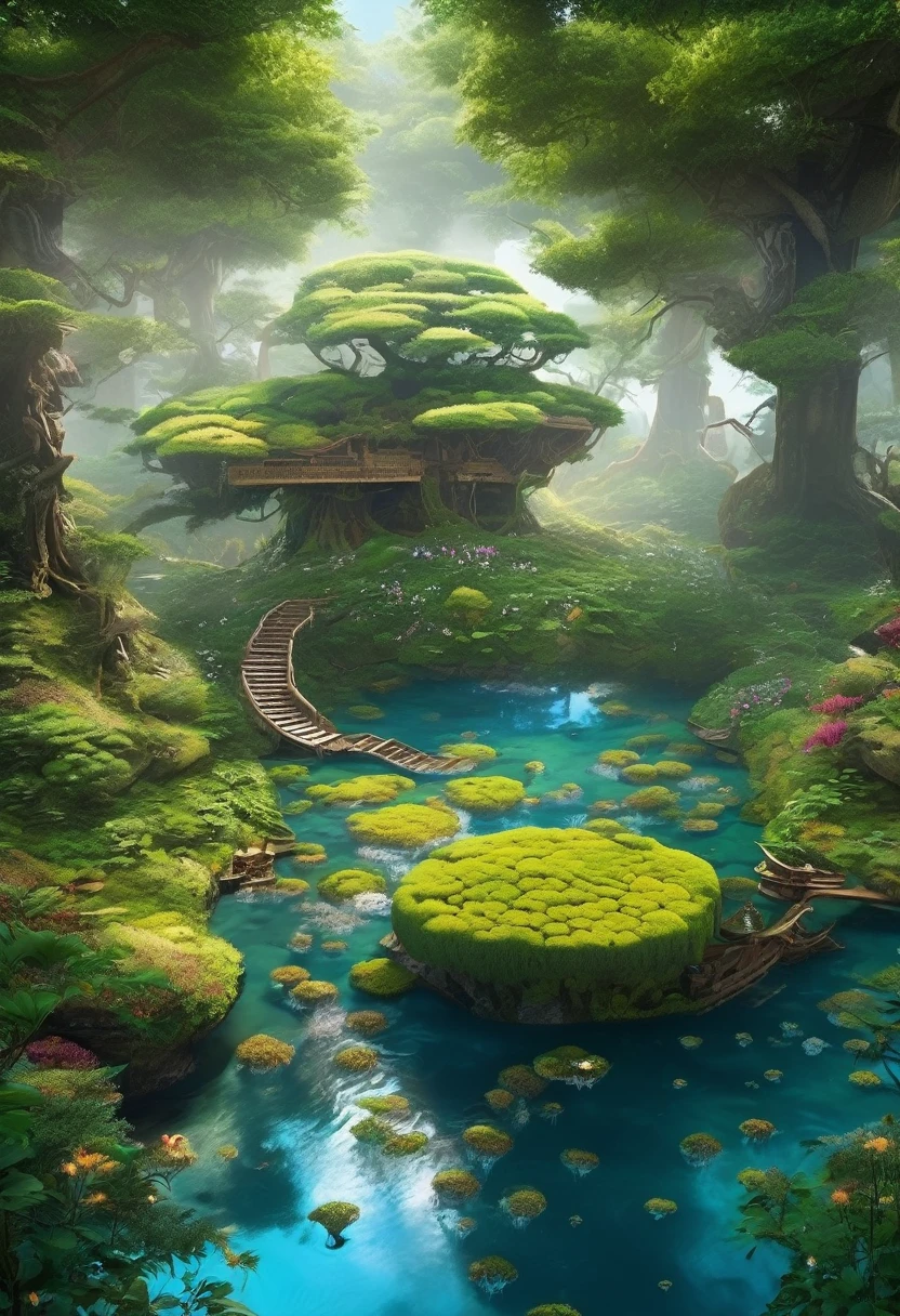 A crystal-clear river meanders through the forest, its banks adorned with wildflowers and luminescent mushrooms. In the middle of the river, there is a floating island covered by a single giant and ancient bonsai