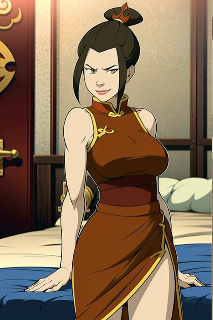 AnaxusStyle, 1girl, looking at viewer, sexy pose, large breasts, sexy pose, indoors, bedroom, chinese clothes, long hair, smirk, azula, ponytail, topknot