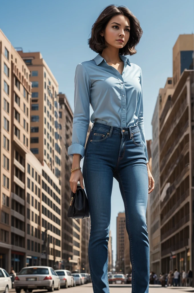 Marvel comic panel style, woman of medium build, of short stature, hip length dark brown hair, almond eyes with long brown eyelashes, thin peach lips, thin face, outfit: light blue blouse and blue jeans, black puma netis, bottom: Buildings, action: standing in the crowd