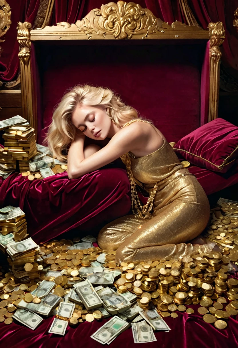 Coins overflowing from a wooden box, full of money, bills flying, piles of gold bullion and wads, beautiful blonde goddess sleeping on a burgundy velvet silk sofa