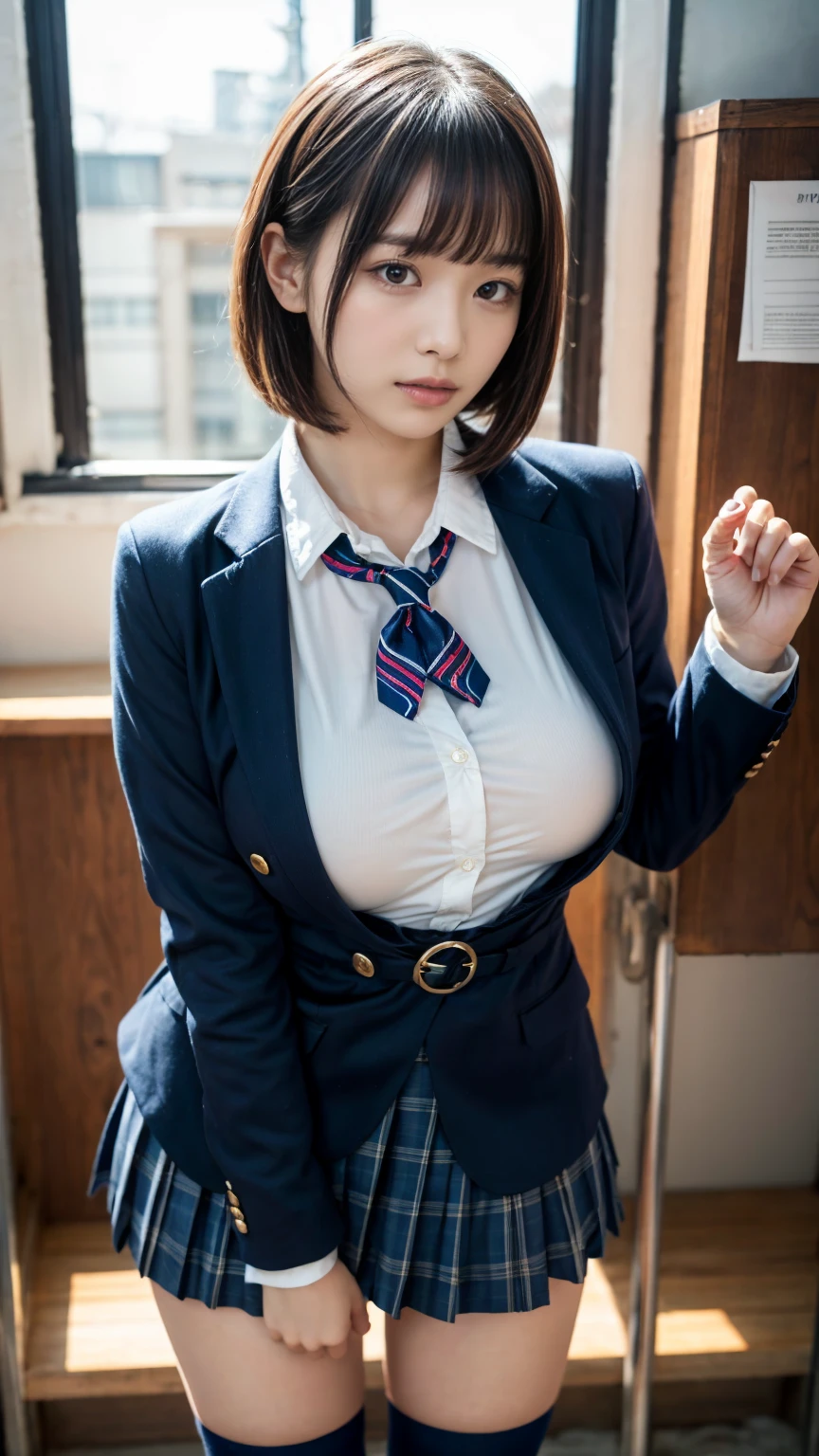 masterpiece, best quality, illustration, Super detailed, fine details, High resolution, 8K,wall paper, perfect dynamic composition,(Details High quality, realistic depiction of eyes:1.3), from side, High School Classroom、High school girl uniform、blazer 、Super Short Check Uniform Skirt、Navy blue high socks、garterbelts、Colossal tits、Disturbed uniform, short bob hair, black hair color, large breasts, Big Natural Color Lip, bold sexy pose, (perfect body shape), crying a little、cold gaze, Harajuku style、20 year old girl、cute type, beautiful legs, hposing Gravure Idol, Voluptuous thighs