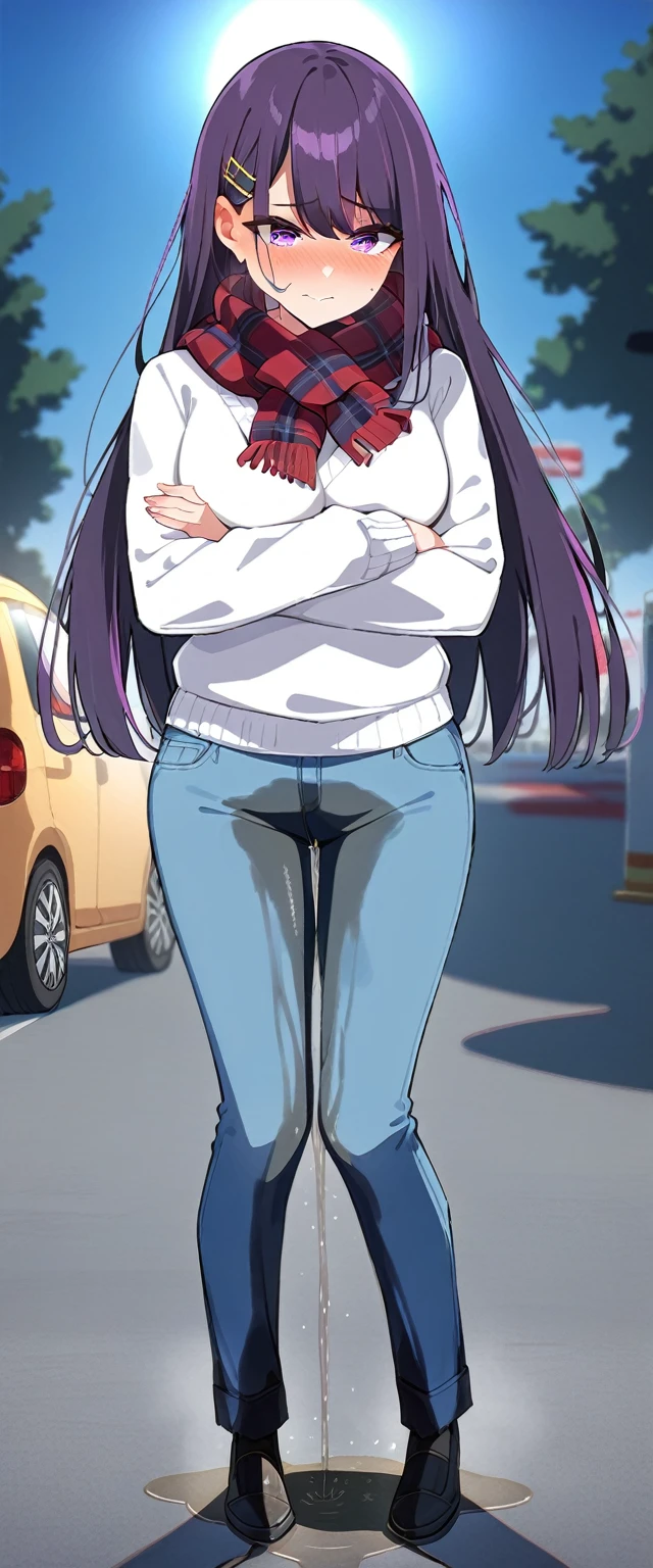 (masterpiece:1.37), best quality, (extremely detailed:1.37), (1girl:1.5), woman, (mature:1.5), (adult:1.5), large breasts, very long hair, (straight hair:1.5), (very dark purple hair:1.5), purple eyes, (extremely detailed eyes:1.37), sweater, scarf, jeans, desperation, (wetting self:1.5), standing, (crossed arms:1.5), embarrassed, humiliation, blushing, angry, gas station, snowing, street, golden hour, full body