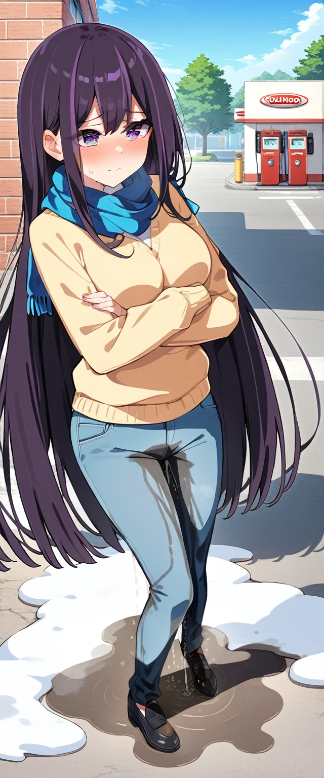(masterpiece:1.37), best quality, (extremely detailed:1.37), (1girl:1.5), woman, (mature:1.5), (adult:1.5), large breasts, very long hair, (straight hair:1.5), (very dark purple hair:1.5), purple eyes, (extremely detailed eyes:1.37), sweater, scarf, jeans, desperation, (wetting self:1.5), standing, (crossed arms:1.5), embarrassed, humiliation, blushing, angry, gas station, snowing, street, golden hour, full body