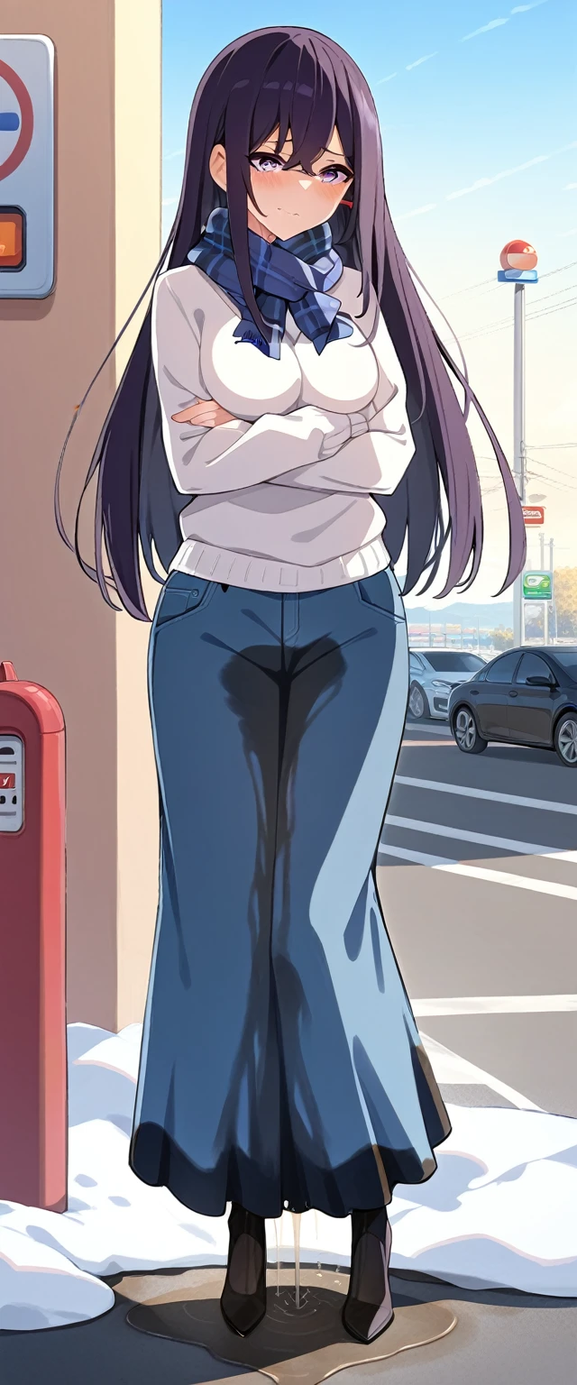 (masterpiece:1.37), best quality, (extremely detailed:1.37), (1girl:1.5), woman, (mature:1.5), (adult:1.5), large breasts, very long hair, (straight hair:1.5), (very dark purple hair:1.5), purple eyes, (extremely detailed eyes:1.37), sweater, scarf, jeans, desperation, (wetting self:1.5), standing, (crossed arms:1.5), embarrassed, humiliation, blushing, angry, gas station, snowing, street, golden hour, full body