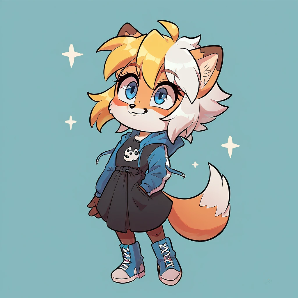 little fox, ??? girlfox, yellow hair, silver fur, blue eyes, cute kid, , alone, ??? , white hair, chibi, black dress