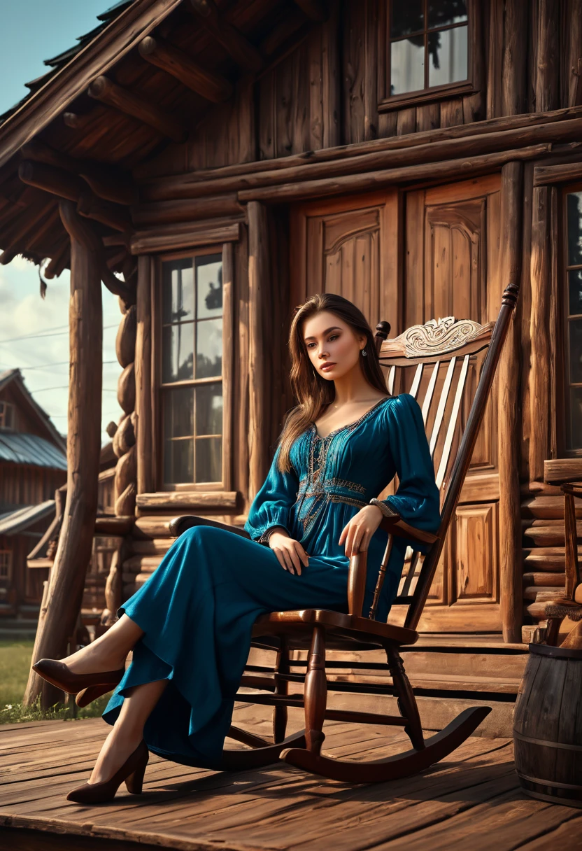 woman sitting in rocking chair in front of a wooden house, portrait shot, by Mark Arian, high quality portrait, alexey egorov, fantasy genre portrait, matte painting portrait shot, mid shot portrait, stunning portrait, color portrait, beautiful portrait, beautiful digital artwork, award winning portrait, cinematic portrait, by Galen Dara, detailed portrait, realistic digital art 4 k