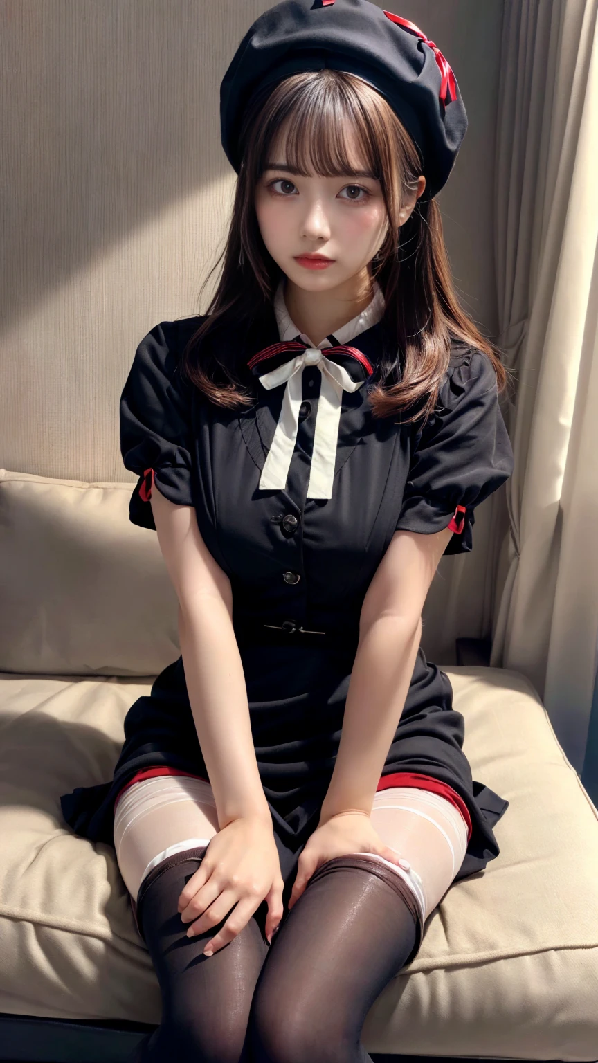 (absurdres:1.3), (highres:1.3), (ultra detailed:1.3),(1girl:1.3), (extremely detailed CG unity 8k wallpaper:1.3), (detailed skin texture, detailed cloth texture, detailed hair texture), (beautiful detailed face, supermodel, pale skin, realistic glistening skin), (RAW photo, best quality), (realistic, photo-realistic:1.4), masterpiece, extremely delicate and beautiful,Amazing, finely detail, extremely detailed CG unity 8k wallpaper, huge filesize, ultra-detailed, highres, absurdres, soft light,rim light, vibrant details, hotel room, straight hair, large breasts, black hair color, Big Natural Color Lip, (perfect body shape), beautiful legs, BREAK (black and red theme:1.4), (black sundress:1.5), (black sailor collar:1.4), ((short sleeve, bishop-sleeve):1.3), (black beret with white ribbon:1.4), (red tie:1.3), (double-breasted on (dress, skirt):1.3), ((red ribbon, white large-button):1.3), (red line on dress:1.2),
BREAK ((dark-brown pantyhose, loafers):1.2), crying a little、Harajuku style、20 year old girl、cute type、ta、