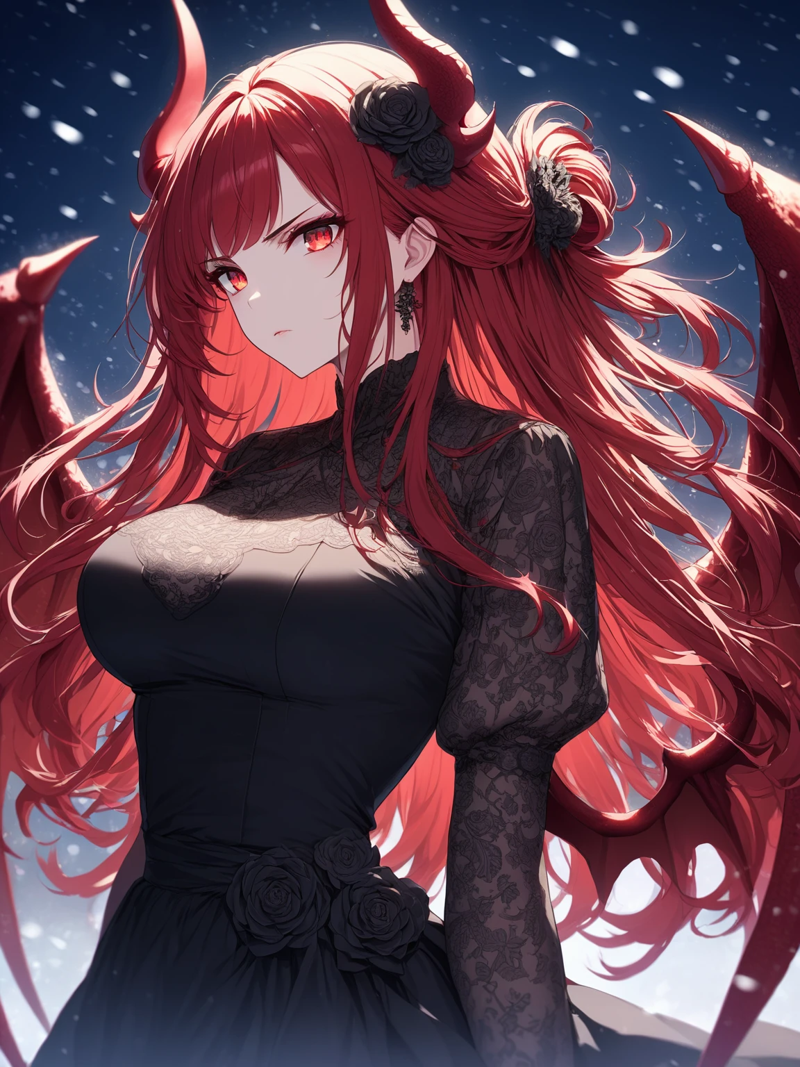 Masterpiece, very detailed, ultra detailed, one, (1 woman), she is in a red lace dress with black flowers on the dress, long hair, bright blood-red hair and wild bangs and tied hair, red demonic horns, red dragon wings, beautiful, charming, bright blood-red eyes, light eyes, elegant, large breasts (huge), serious and neutral face, she is against the background of the night sky and falling snow.