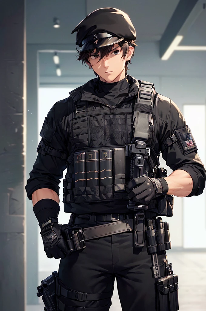 (((masterpiece; best quality: 1.2))), (finely detailed eyes: 1.3), (25 year old man), (solo), (black eyes: 1.4), (body; muscular, fit, masculine: 1.3), (short brown hair: 1.3), (beautiful and clear background: 1.2), ((depth of field)), (equipment: spec ops full black tactical combat-ready gear + black gloves + black baseball cap + holstered gun + pouches: 1.3), (anime illustration: 1.2), (background composition; military base office: 1.1), (extremely fine and handsome: 1.1), (shot composition; standing + centered on torso + close-up: 1.5), (expression; calm, stoic: 1.2)