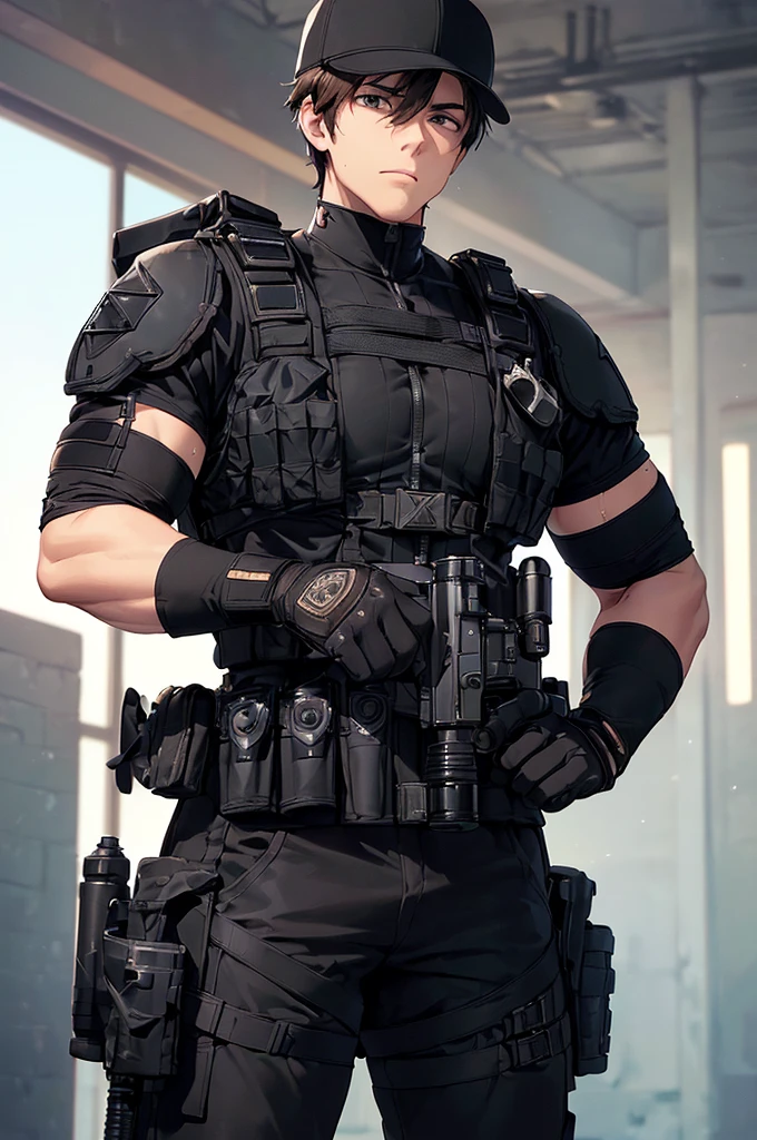 (((masterpiece; best quality: 1.2))), (finely detailed eyes: 1.3), (25 year old man), (solo), (black eyes: 1.4), (body; muscular, fit, masculine: 1.3), (short brown hair: 1.3), (beautiful and clear background: 1.2), ((depth of field)), (equipment: spec ops full black tactical combat-ready gear + black gloves + black baseball cap + holstered gun + pouches: 1.3), (anime illustration: 1.2), (background composition; military base office: 1.1), (extremely fine and handsome: 1.1), (shot composition; standing + centered on torso + close-up: 1.5), (expression; calm, stoic: 1.2)