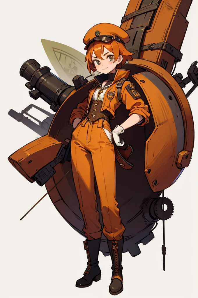 1.steampunk,15 years old,Orange Hair,Goggles on the forehead,hat,A fake smile,gloves,whole body,boots,pants,White background