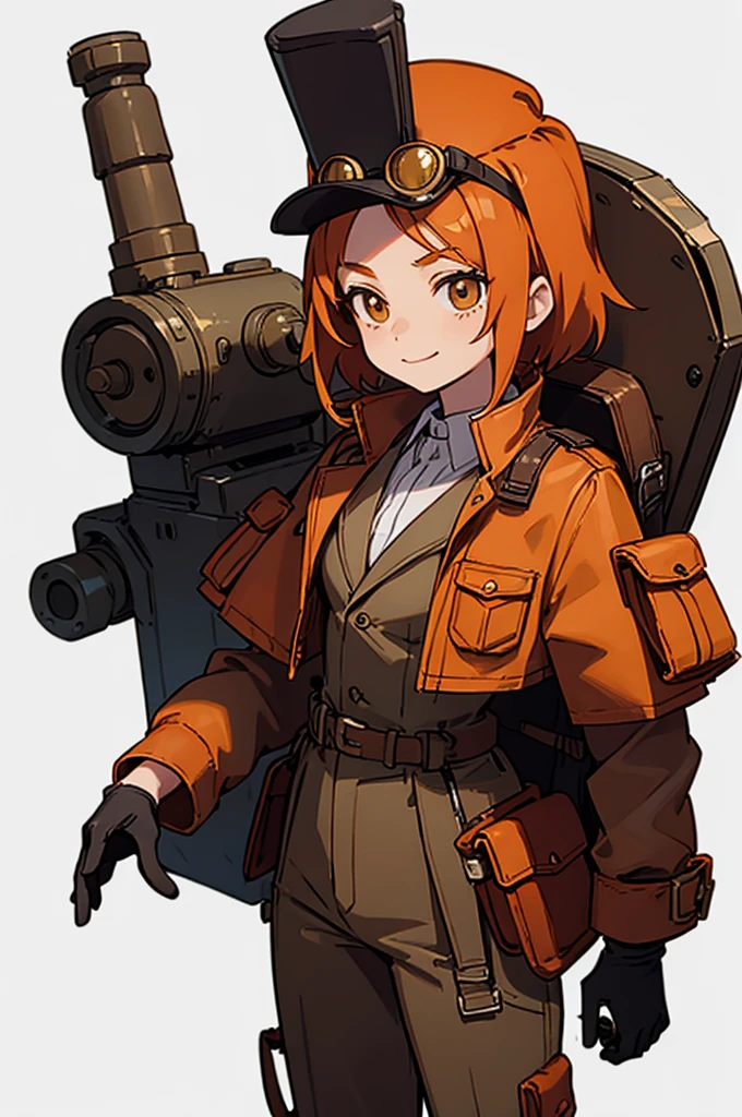 1.steampunk,15 years old,Orange Hair,Goggles on the forehead,hat,A fake smile,gloves,whole body,boots,pants,White background