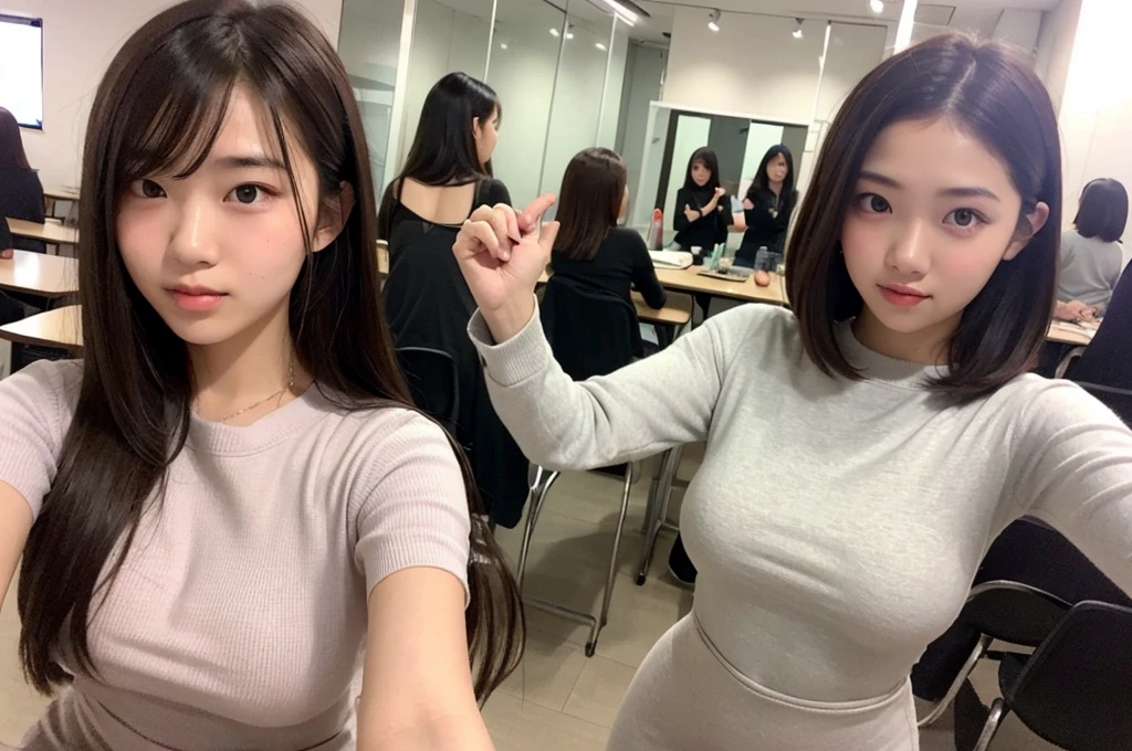 Indonesian girl 17-year-old  Hairstyle Casual, F Cup Breasts  wearing crewneck dress    and selfie with her friend at class 